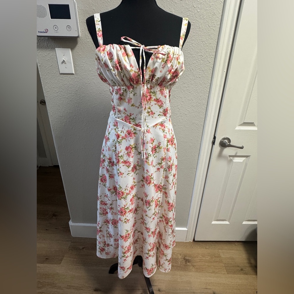 Parthaea Floral Midi Dress | Ruched Bust | Side Slit | Size L